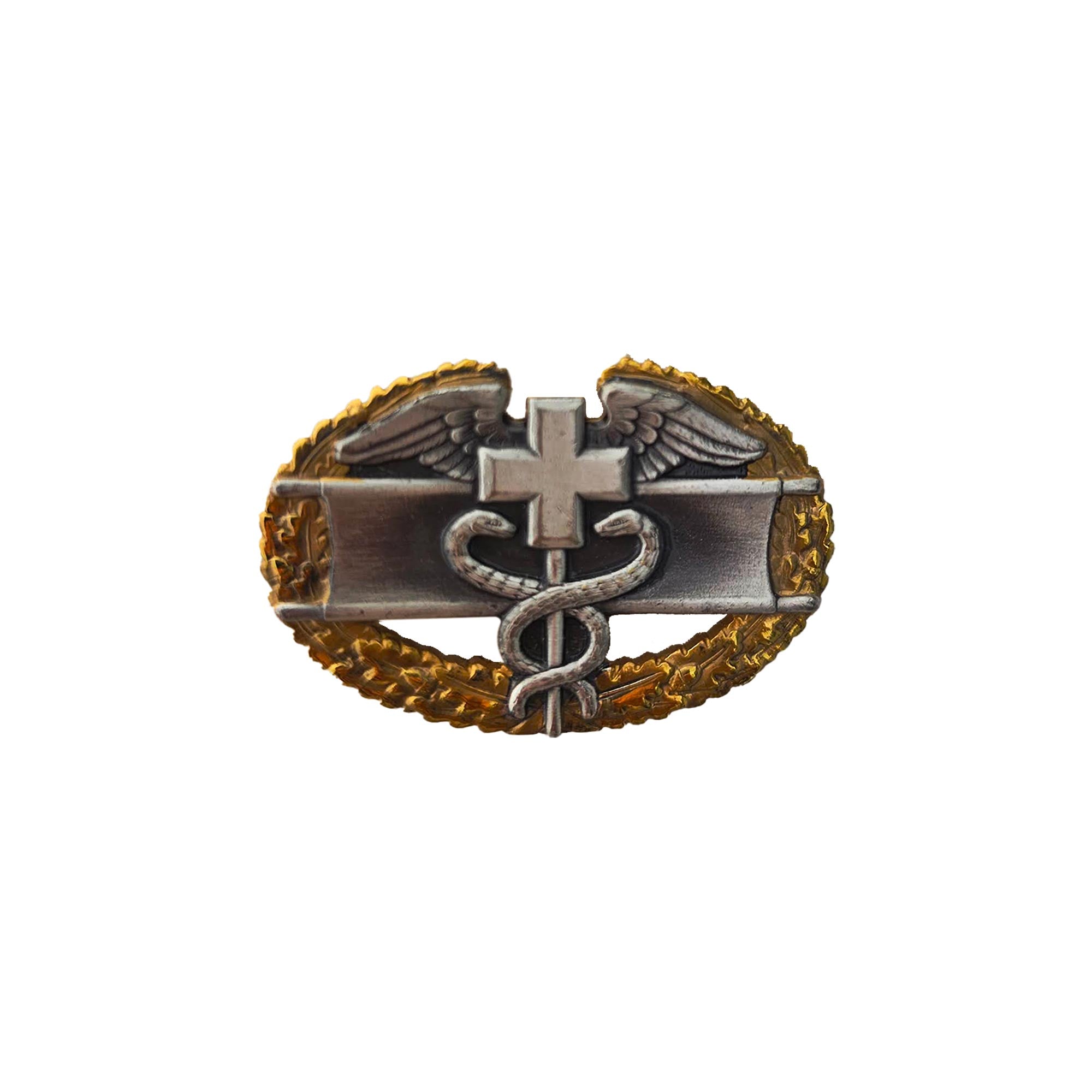 Army Badge: Master Combat Medical First Award - dress miniature size, silver oxidized