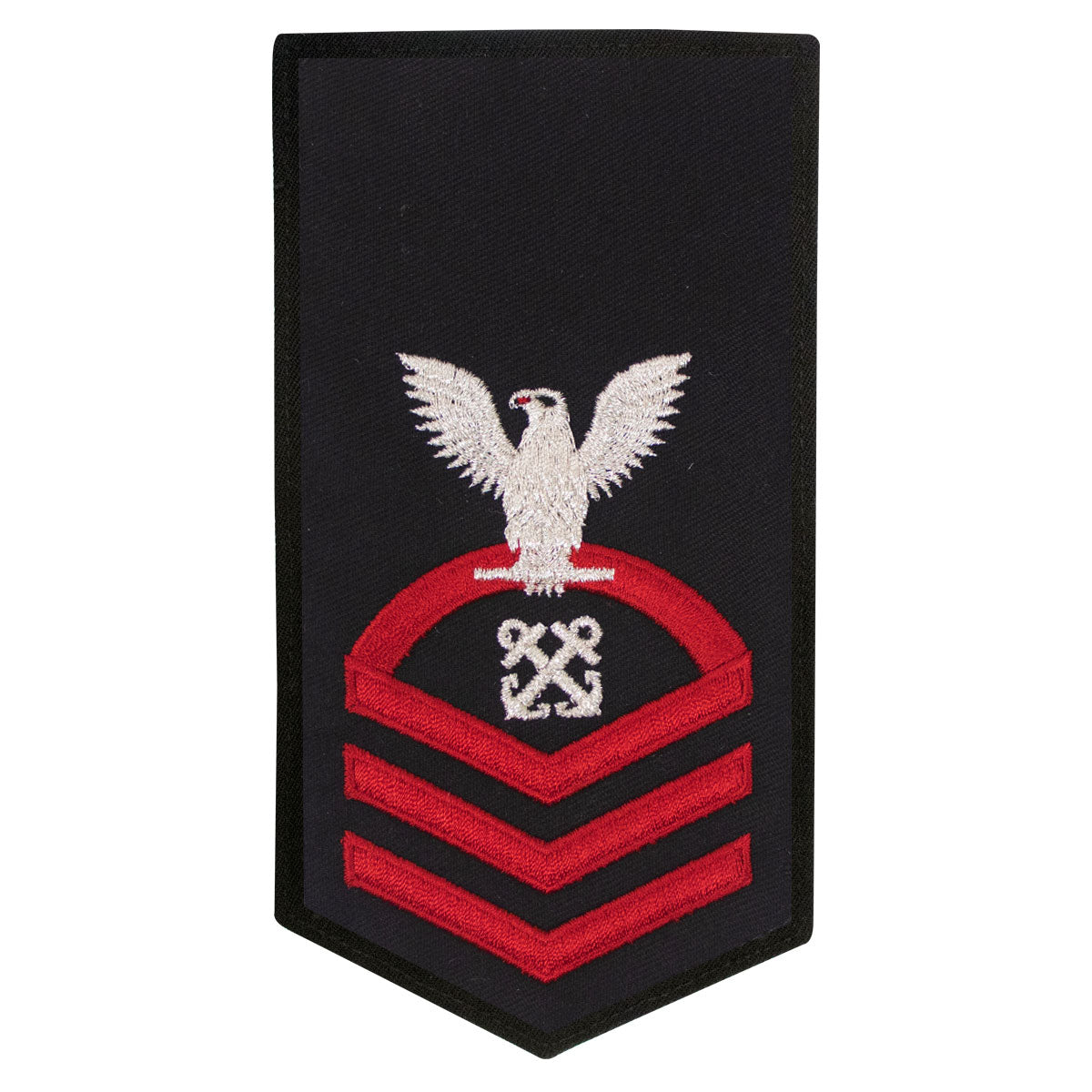 Navy E7 FEMALE Rating Badge: BM Boatswains Mate - seaworthy red on blue
