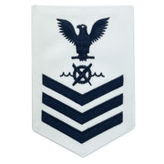 Navy E6 MALE Rating Badge: RW Robotics Warfare Specialist - blue chevrons on white CNT