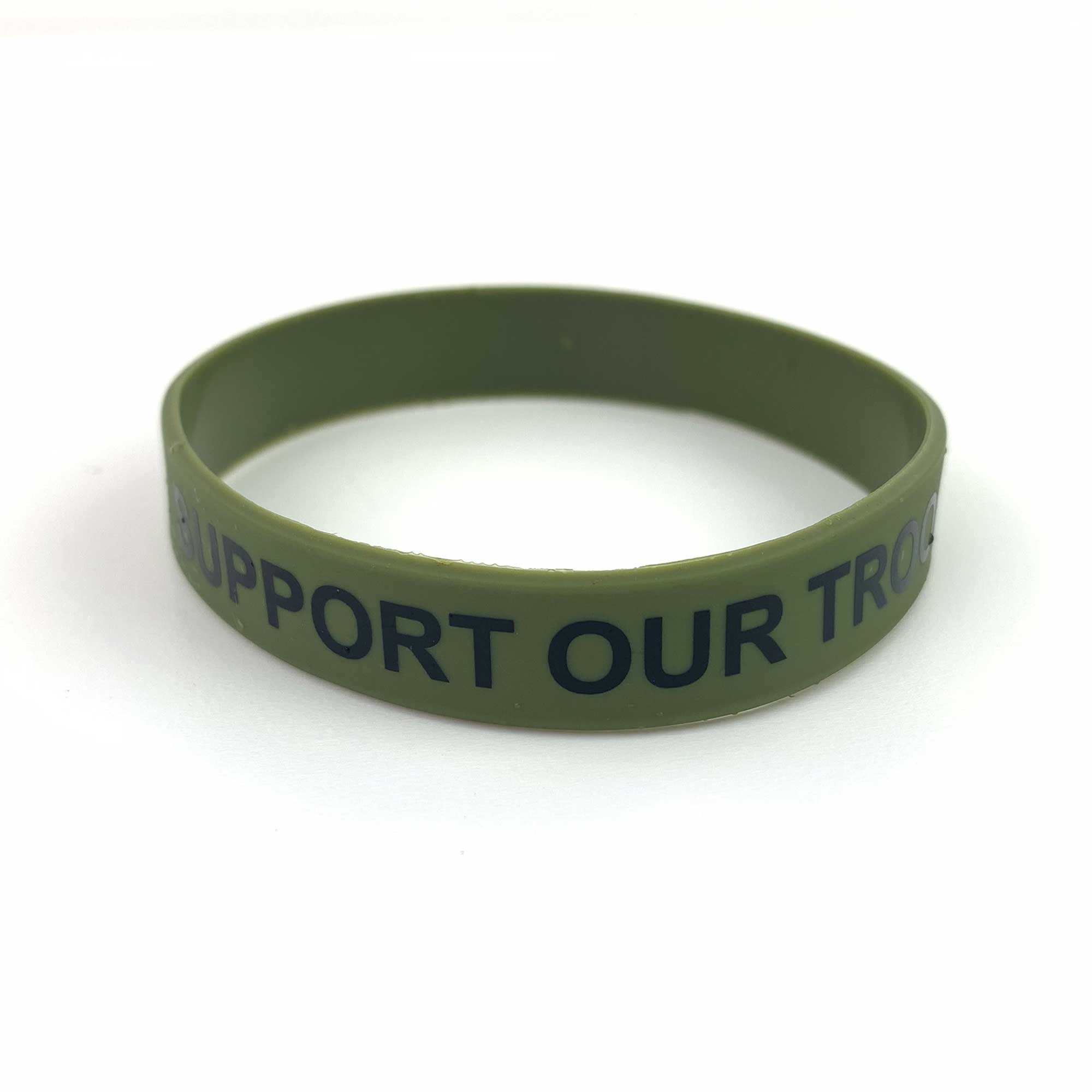 Bracelet: Olive Drab Silicone with black print - "Support Our Troops"