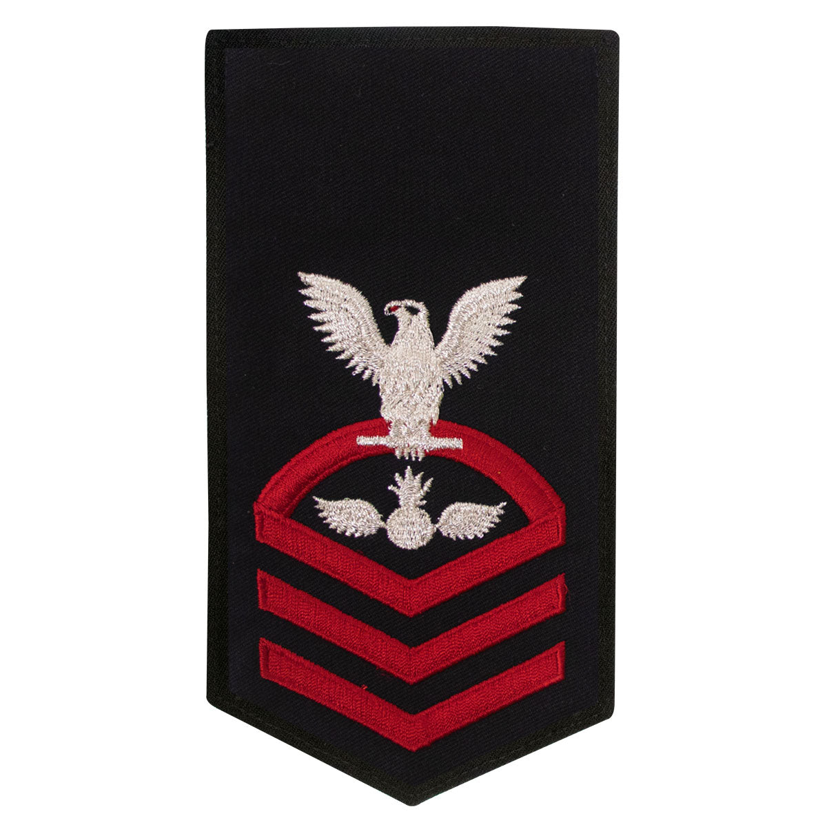 Navy E7 FEMALE Rating Badge: AO Aviation Ordnanceman - seaworthy red on blue