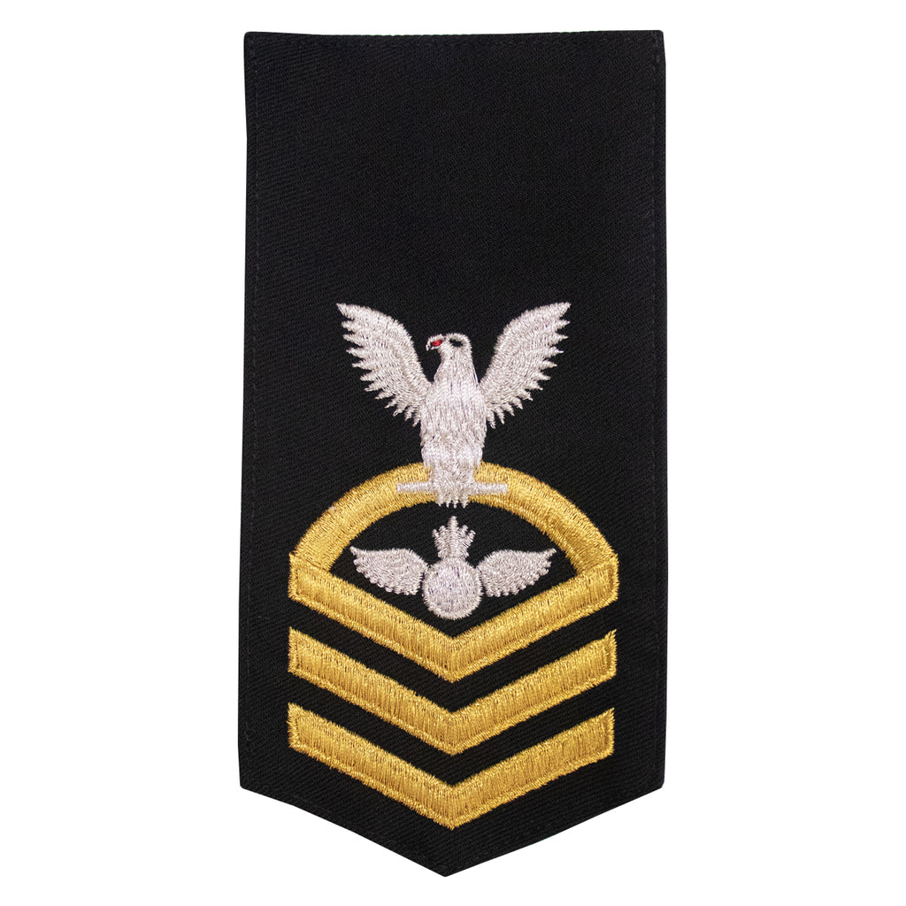 Navy E7 FEMALE Rating Badge: AO Aviation Ordnanceman - seaworthy gold on blue