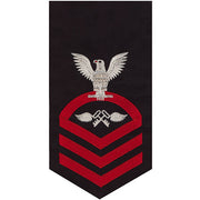 Navy E7 MALE Rating Badge: Aviation Storekeeper - seaworthy red on blue