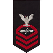Navy E7 MALE Rating Badge: Aviation Electronics Technician - seaworthy red on blue