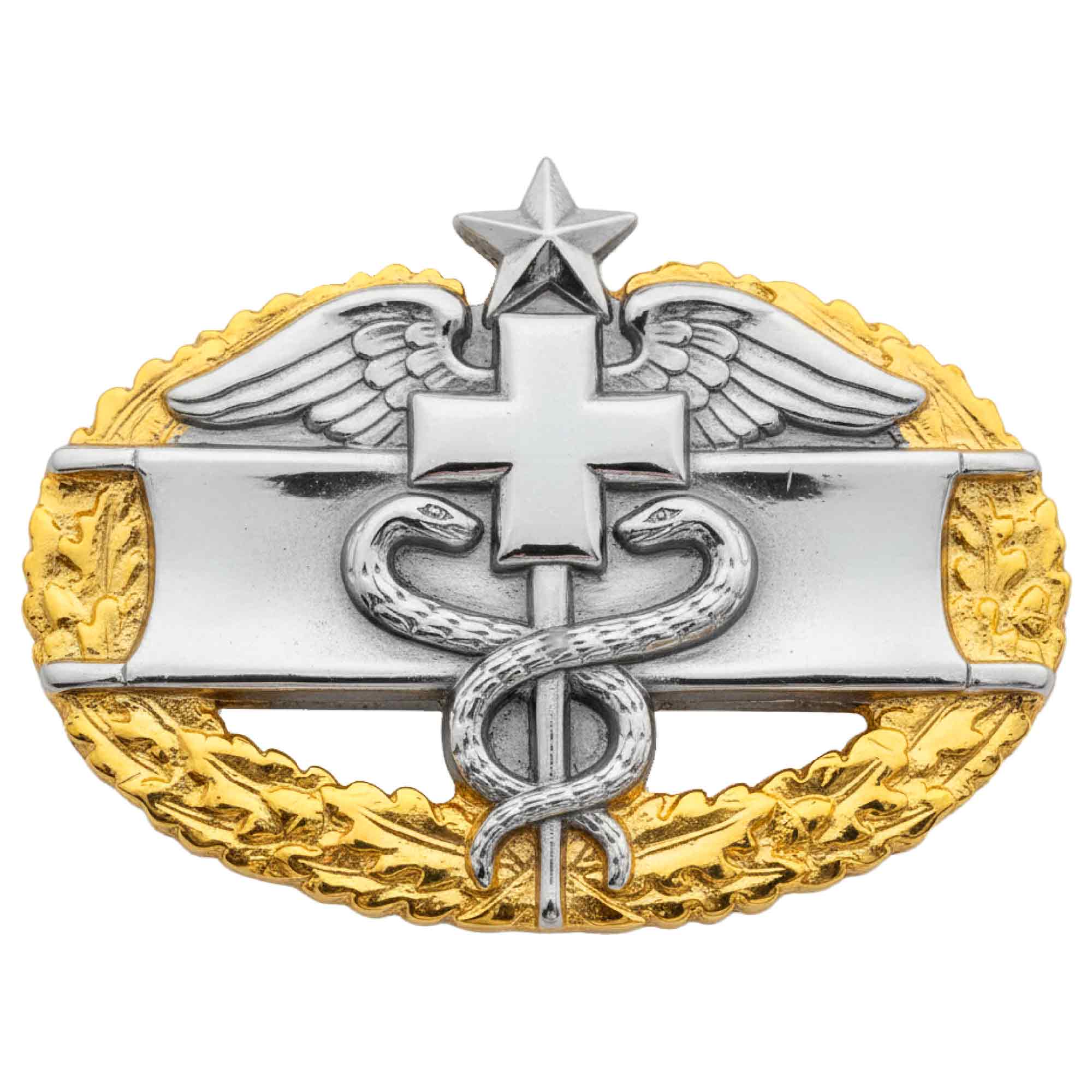 Army Badge: Master Combat Medical Second Award - regulation size, mirror finish with gold wreath