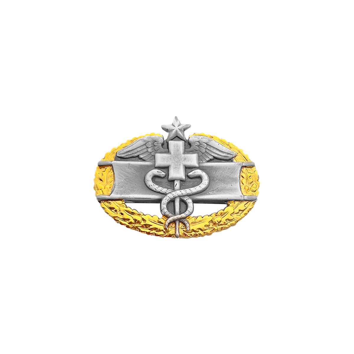 Army Badge: Master Combat Medical Second Award - dress miniature size, silver oxidized