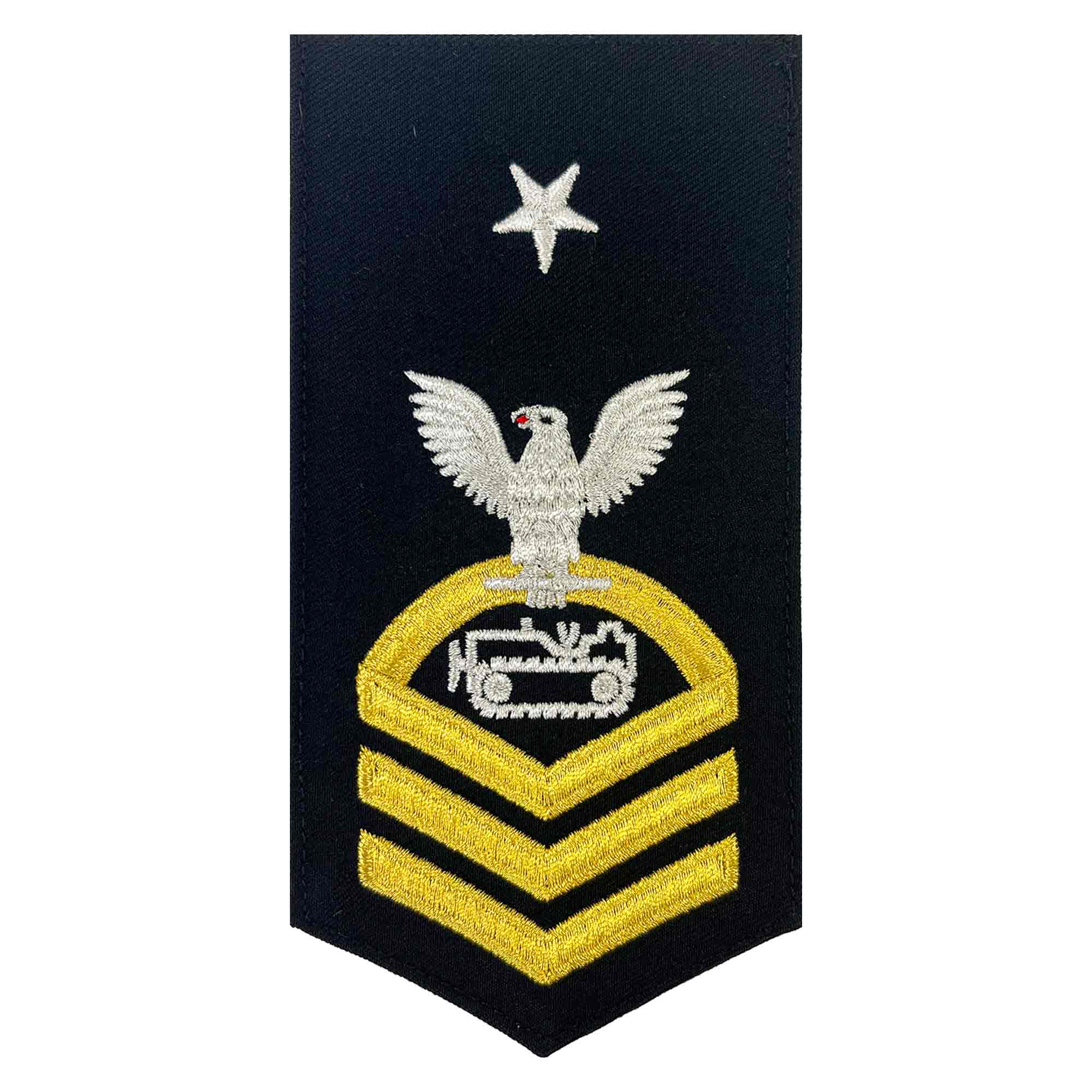 Navy E8 FEMALE Rating Badge: EO Equipment Operator - seaworthy gold on blue