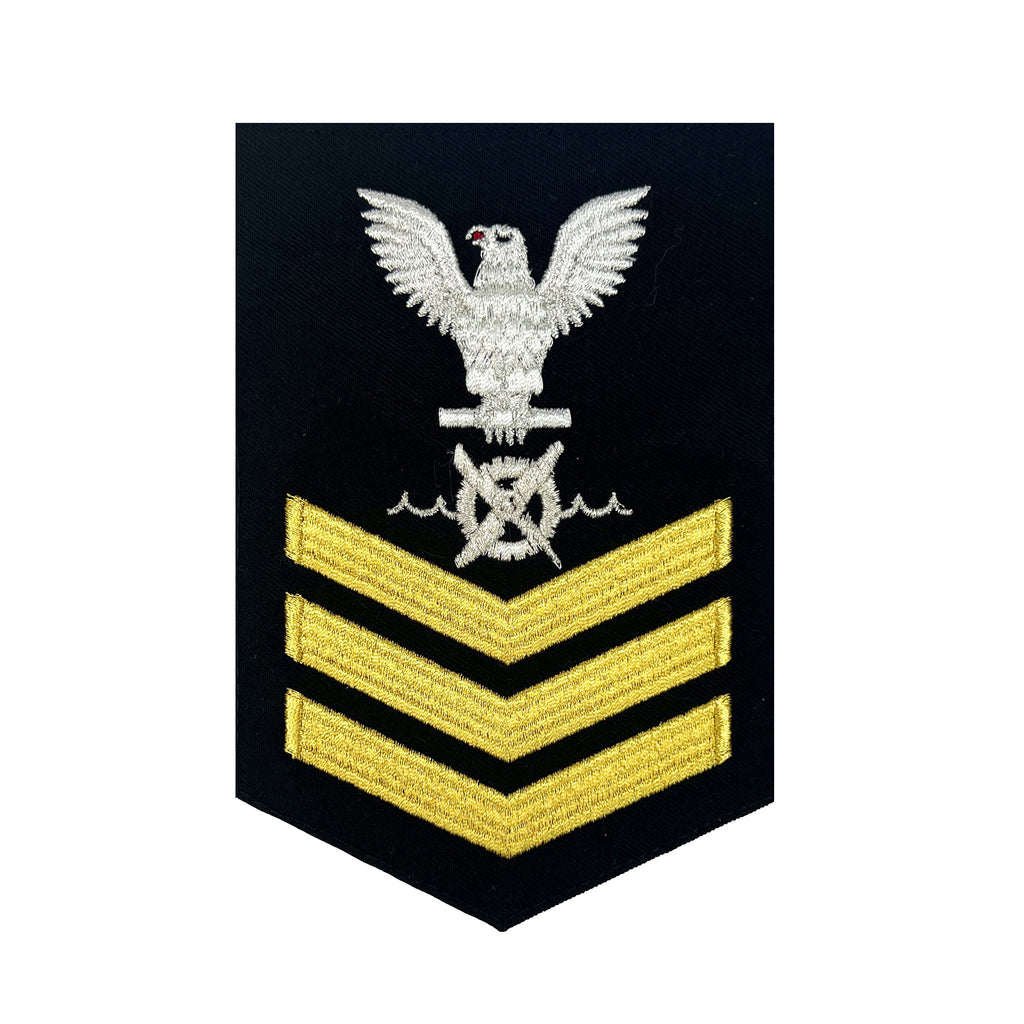 Navy E6 MALE Rating Badge: RW Robotics Warfare Specialist - seaworthy gold on blue
