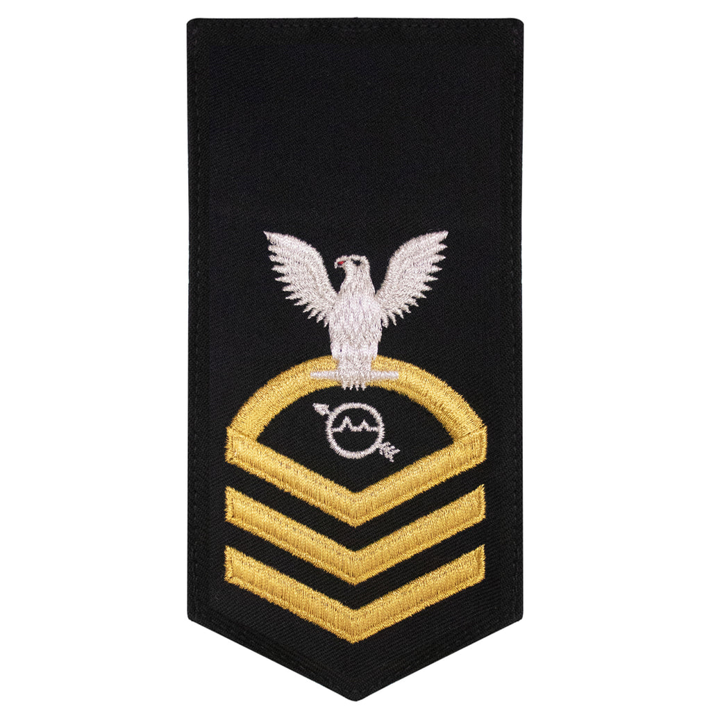 Navy E7 FEMALE Rating Badge: OS Operations Specialist - seaworthy gold on blue