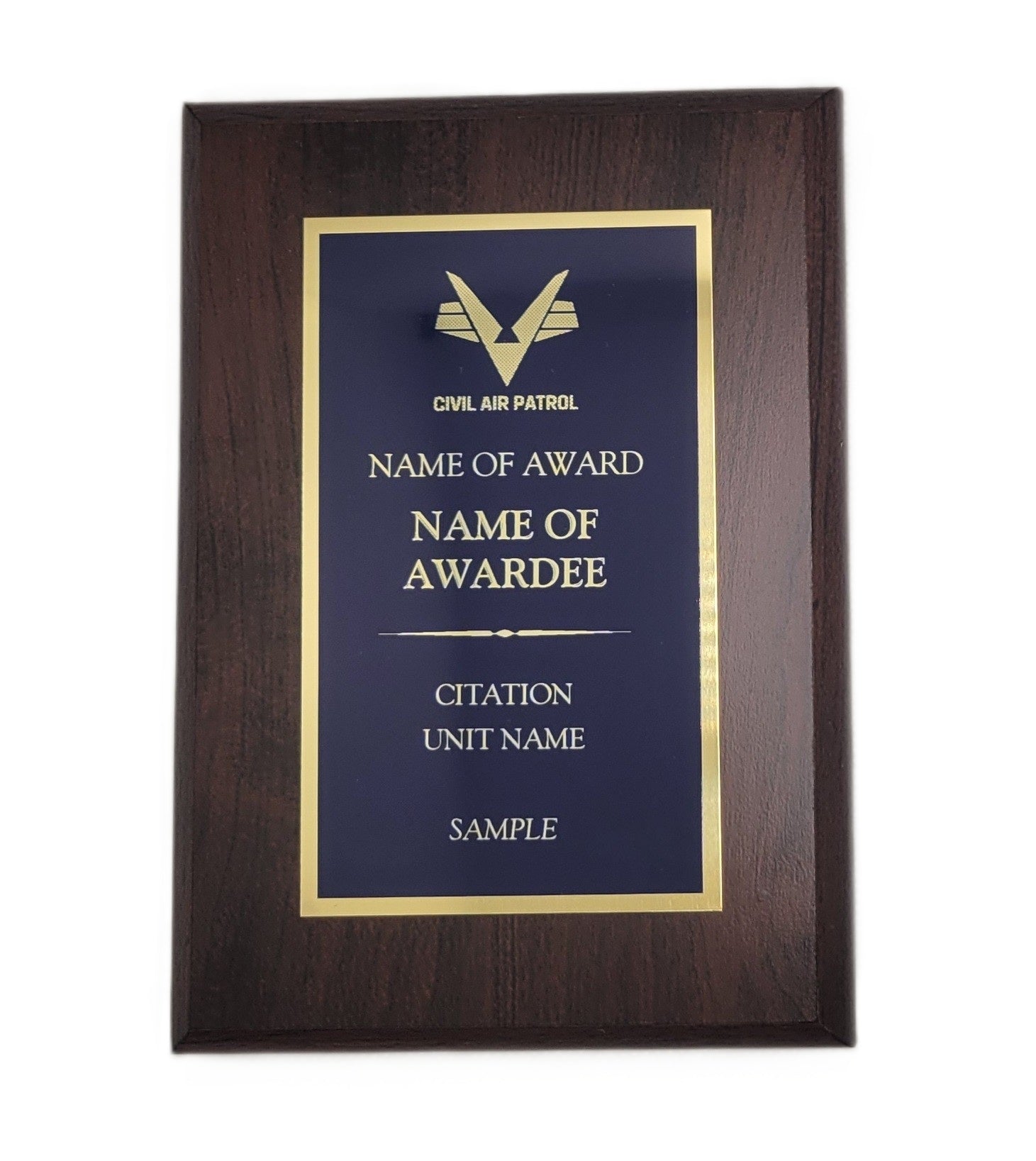 CAP Plaque: Blue plate mounted on Cherry wood - engraving plate Flying V