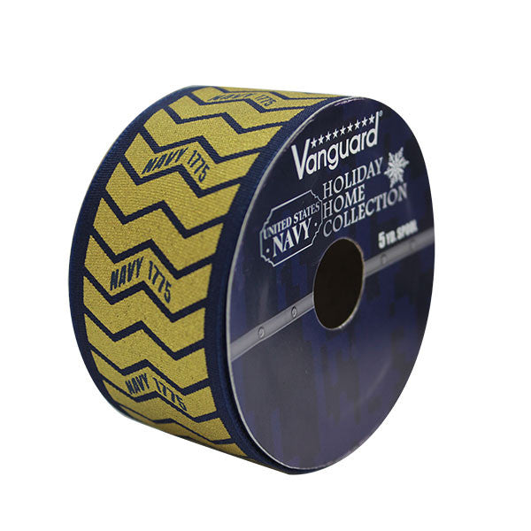 Navy Decorative Wired Ribbon Gold with Blue Edge 5 yard Spool 1.5