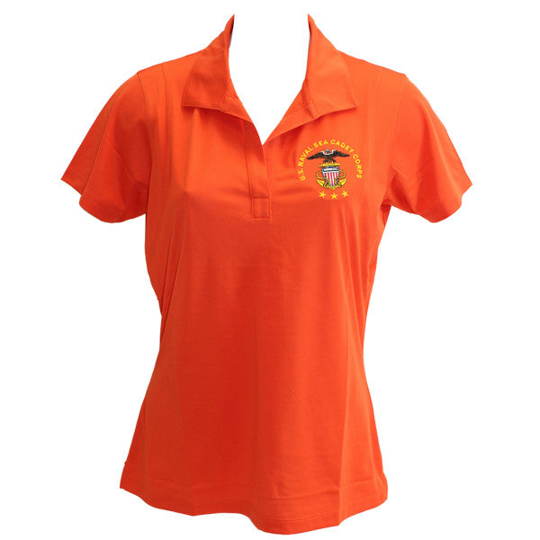 Ladies Deep Orange Short Sleeve Polo Shirt Embroidered With USNSCC Seal