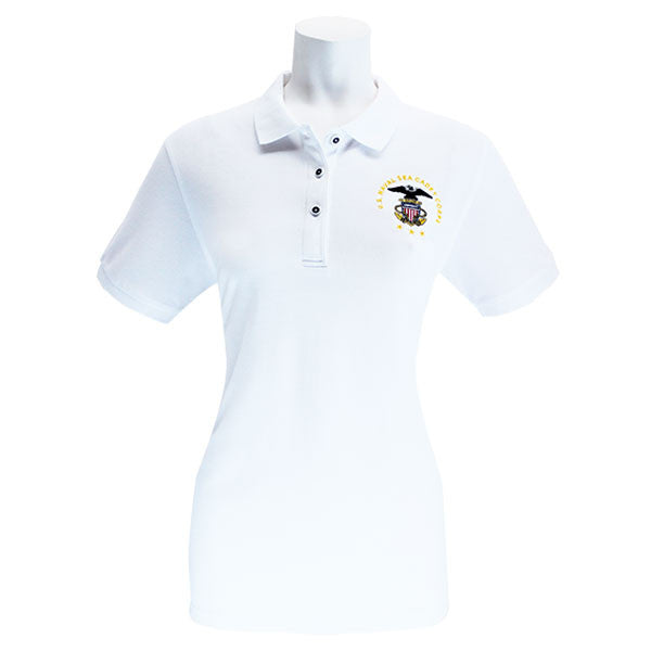 Ladies White Short Sleeve Polo Shirt Embroidered With USNSCC Seal