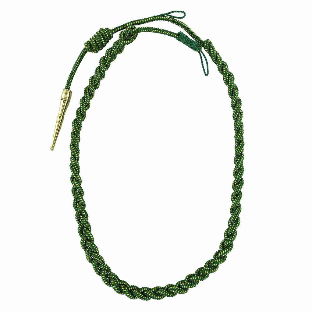 Marine Corps Fourragere Lanyard: WWI - green with gold spots and brass tip
