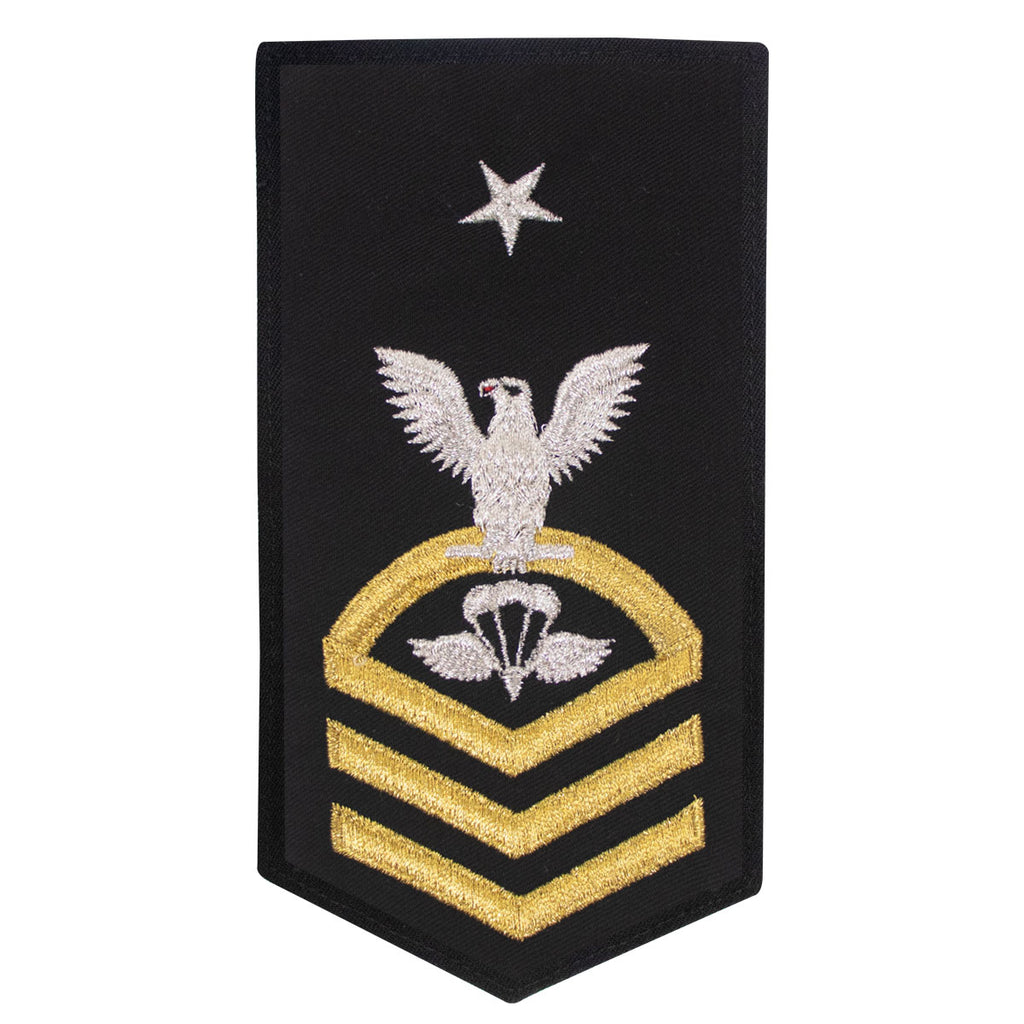 Navy E8 FEMALE Rating Badge: PR Aircrew Survival Equipmentman - seaworthy gold on blue