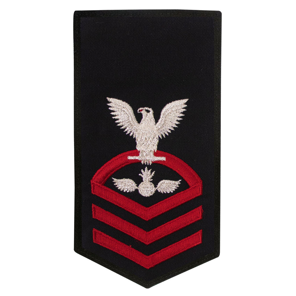 Navy E7 FEMALE Rating Badge: AO Aviation Ordnanceman - seaworthy red on blue