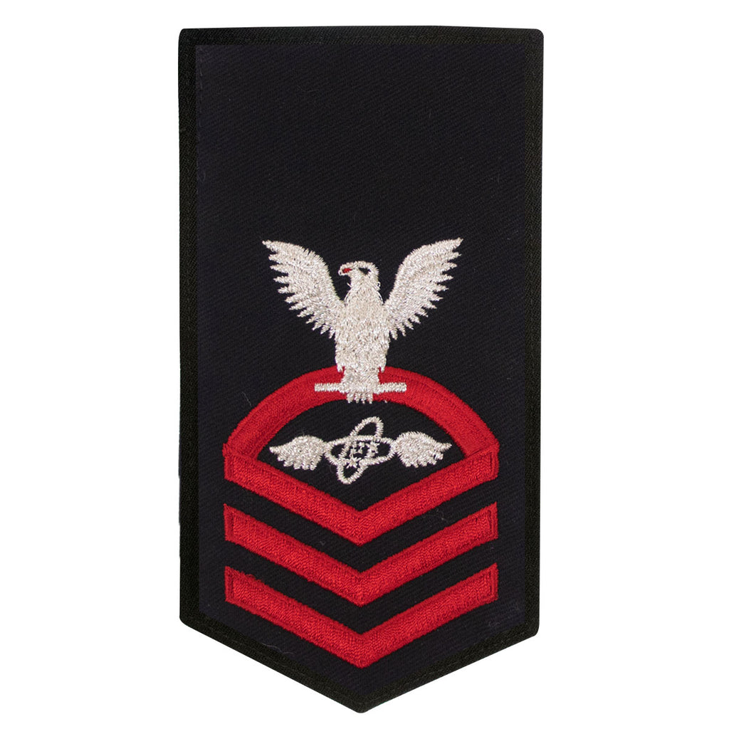 Navy E7 FEMALE Rating Badge: AT Aviation Electronics Technician - seaworthy red on blue