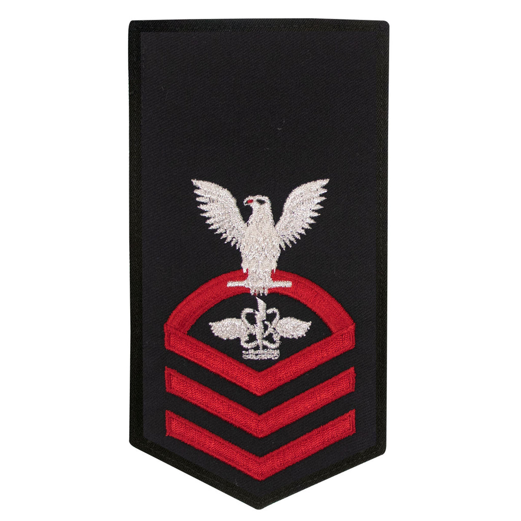 Navy E7 FEMALE Rating Badge: AW Aviation Warfare System Operator - seaworthy red on blue
