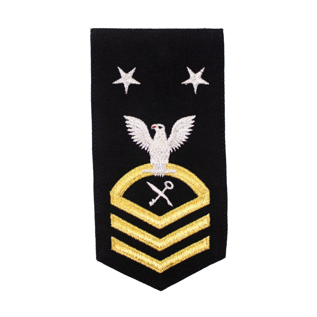 Navy E9 FEMALE Rating Badge: RS Retail Services Specialist - seaworthy gold on blue