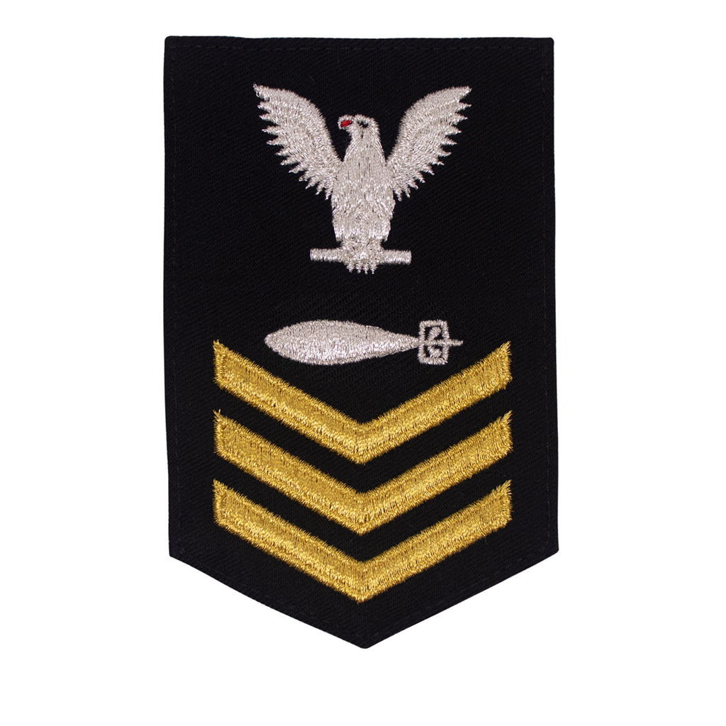 Navy E6 FEMALE Rating Badge: Torpedoman - Gold Chevrons New Serge for Jumper