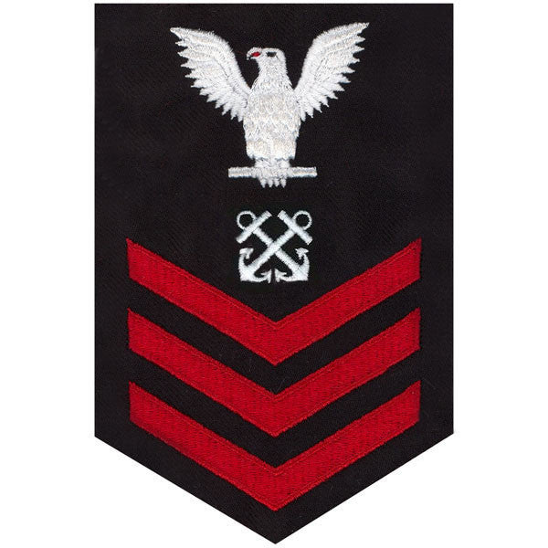 Navy E6 MALE Rating Badge: Boatswain's Mate - red chevrons on blue serge