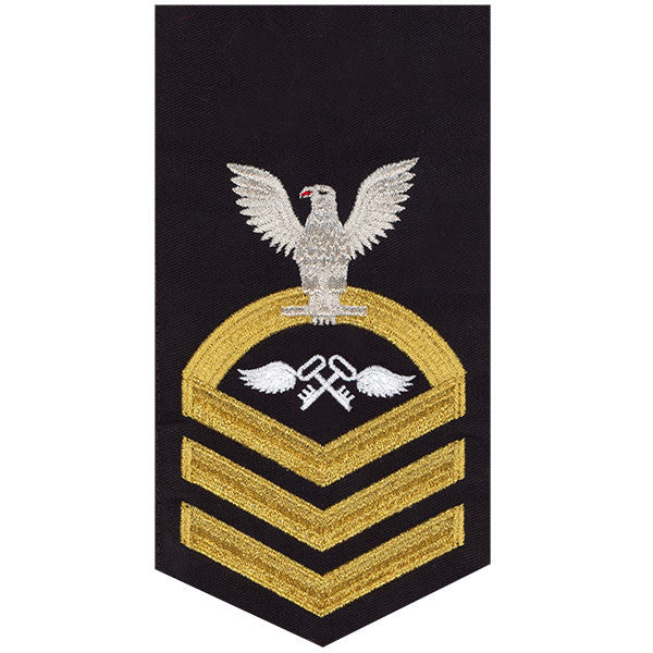 Navy E7 MALE Rating Badge: Aviation Storekeeper - seaworthy gold on blue