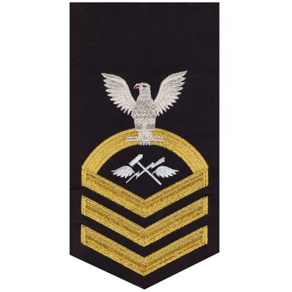 Navy E7 MALE Rating Badge: Aviation Support Equipment Tech - seaworthy gold on blue