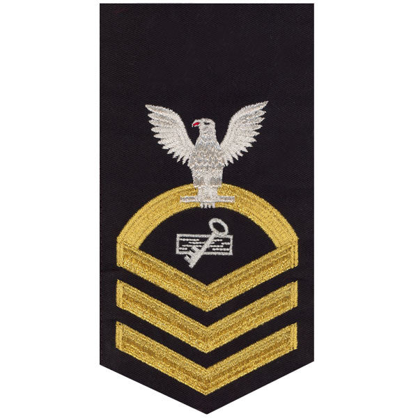 Navy E7 MALE Rating Badge: Disbursing Clerk - seaworthy gold on blue