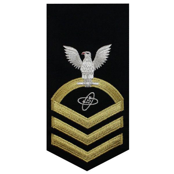 Navy E7 MALE Rating Badge: Electronics Technician - seaworthy gold on blue