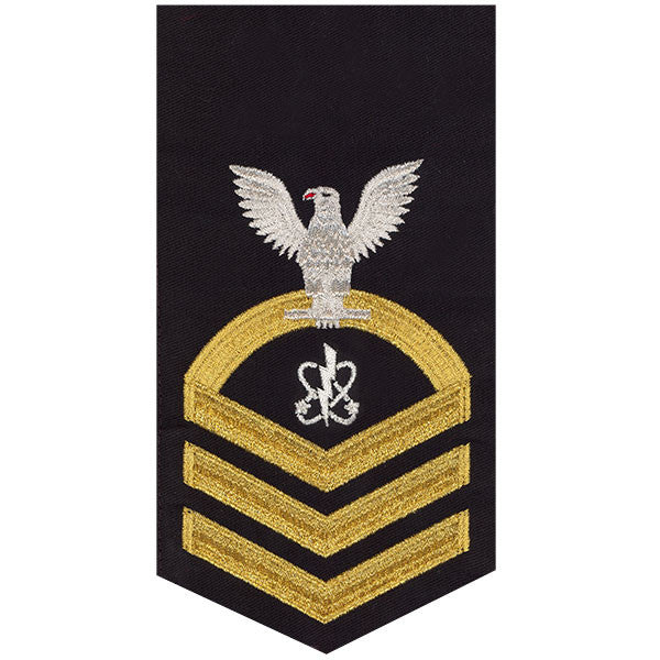 Navy E7 MALE Rating Badge: Electronics Warfare Technician - seaworthy gold on blue