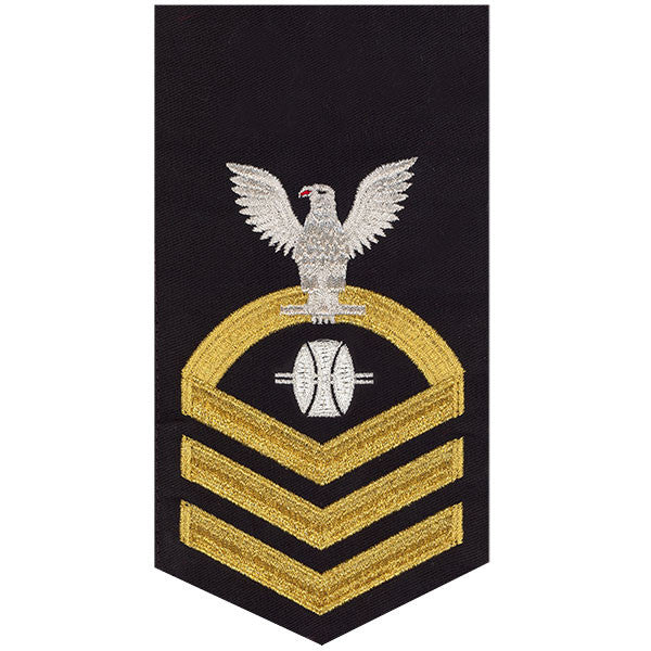 Navy E7 MALE Rating Badge: Opticalman - seaworthy gold on blue