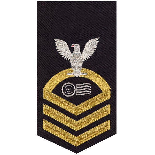 Navy E7 MALE Rating Badge: Postal Clerk - seaworthy gold on blue