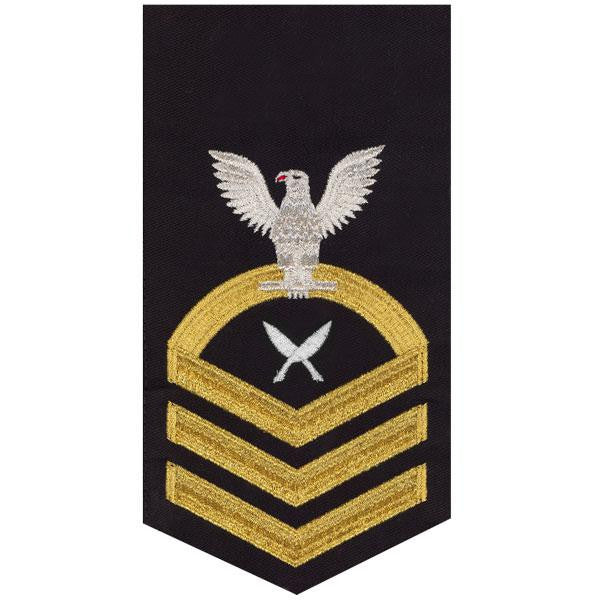 Navy E7 MALE Rating Badge: Yeoman - seaworthy gold on blue