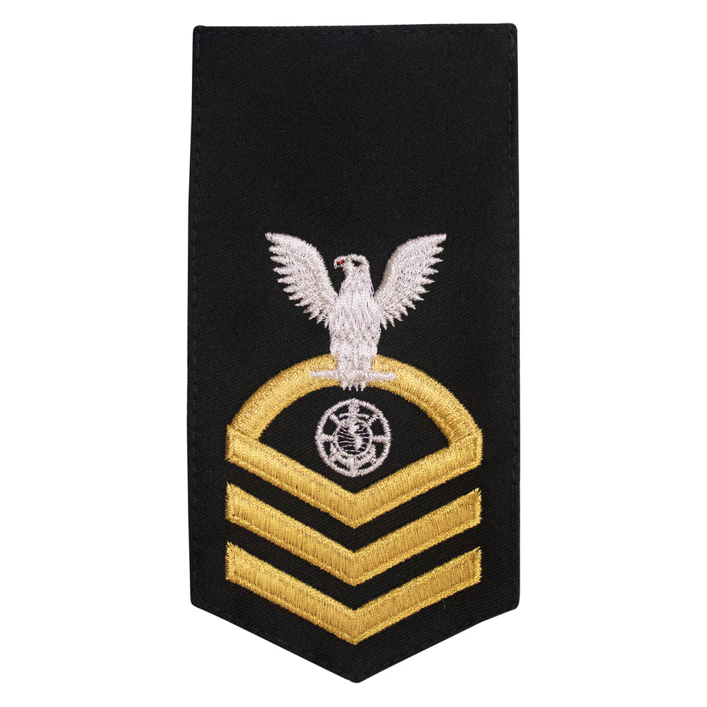 Navy E7 FEMALE Rating Badge: RP Religious Programs Specialist - seaworthy gold on blue