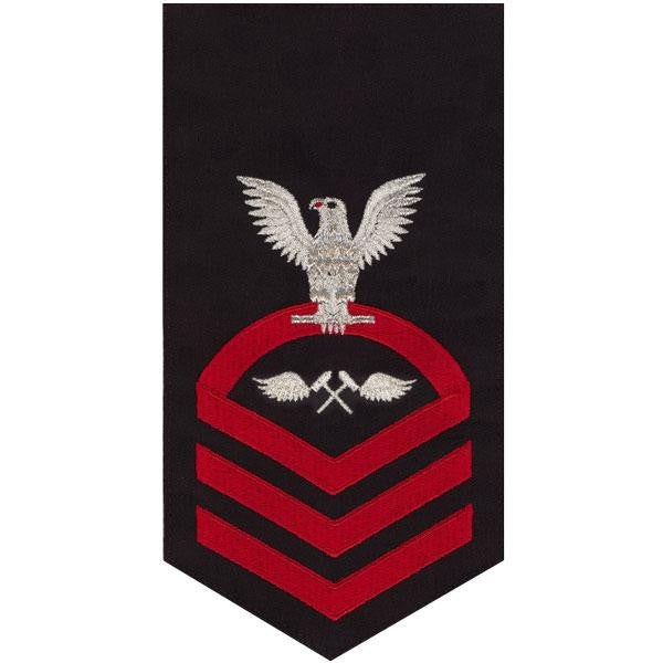 Navy E7 MALE Rating Badge: Aviation Structure Mechanic - seaworthy red on blue
