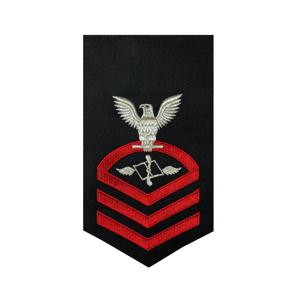 Navy E7 MALE Rating Badge: Aviation Maintenance Administrationman - seaworthy red on blue