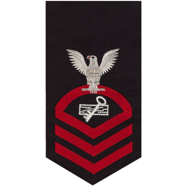 Navy E7 MALE Rating Badge: Disbursing Clerk - seaworthy red on blue