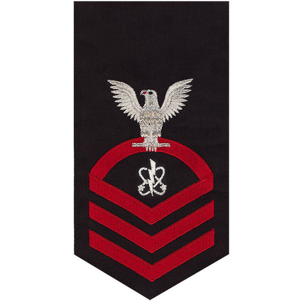 Navy E7 MALE Rating Badge: Electronics Warfare Technician - seaworthy red on blue