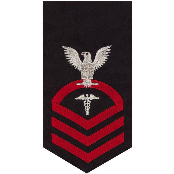 Navy E7 MALE Rating Badge: Hospital Corpsman - seaworthy red on blue