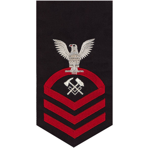 Navy E7 MALE Rating Badge: Hull Maintenance Technician - seaworthy red on blue