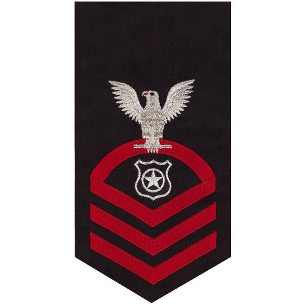 Navy E7 MALE Rating Badge: Master At Arms - seaworthy red on blue