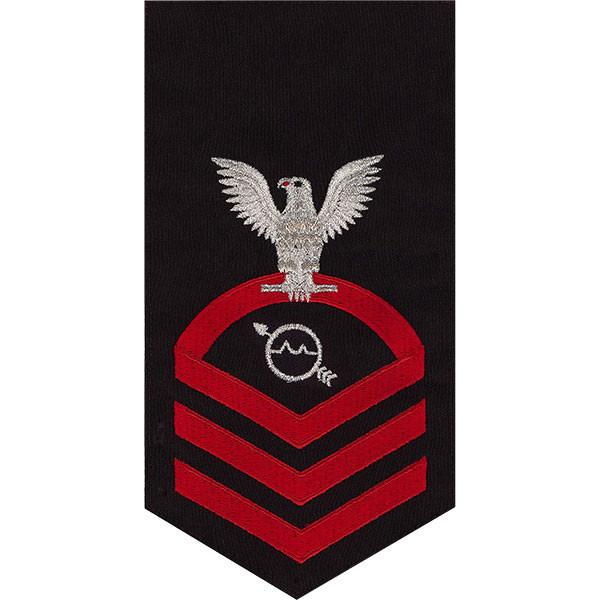 Navy E7 MALE Rating Badge: Operations Specialist - seaworthy red on blue