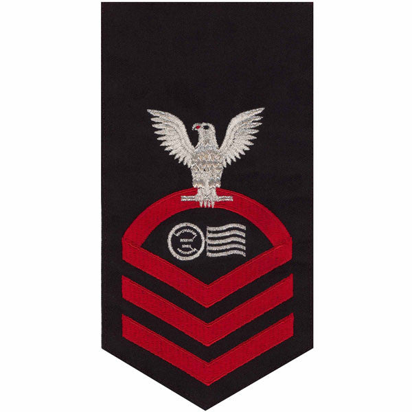 Navy E7 MALE Rating Badge: Postal Clerk - seaworthy red on blue