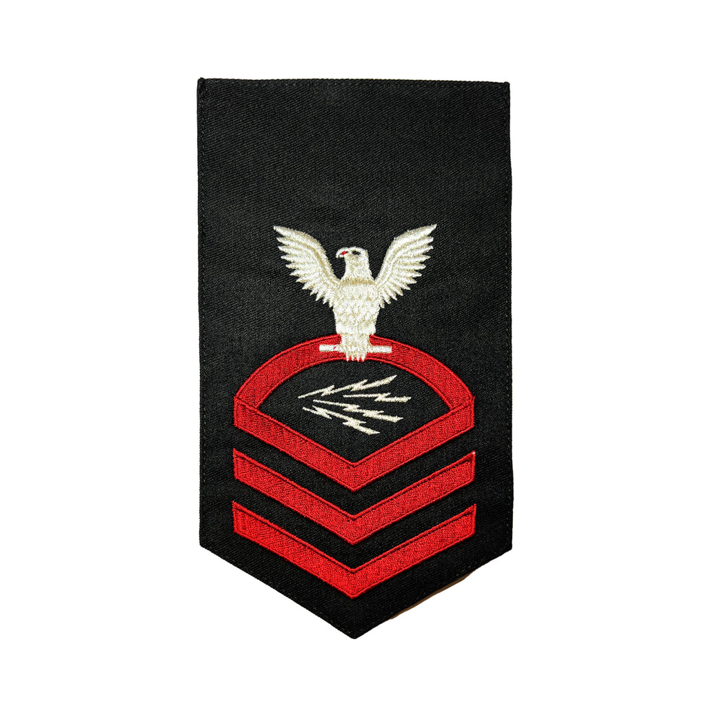 Navy E7 MALE Rating Badge: Information Technician Specialist - seaworthy red on blue