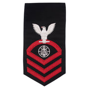 Navy E7 MALE Rating Badge: Religious Programs- seaworthy red on blue