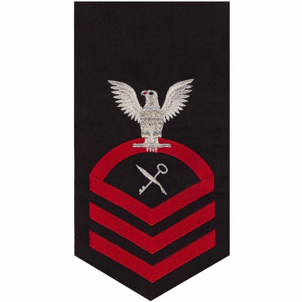Navy E7 MALE Rating Badge: Retail Services Specialist - seaworthy red on blue