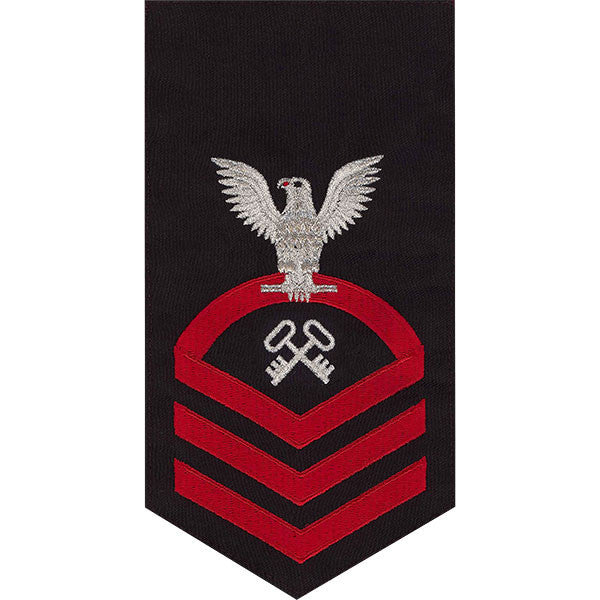 Navy E7 MALE Rating Badge: Storekeeper and Logistics Specialist - seaworthy red on blue