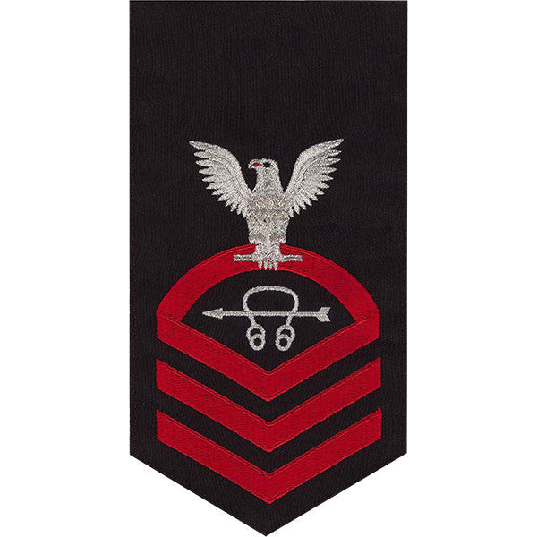 Navy E7 MALE Rating Badge: Sonar Technician - seaworthy red on blue