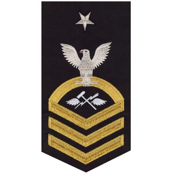 Navy E8 MALE Rating Badge: Aviation Support Equipment Technician - seaworthy gold on blue