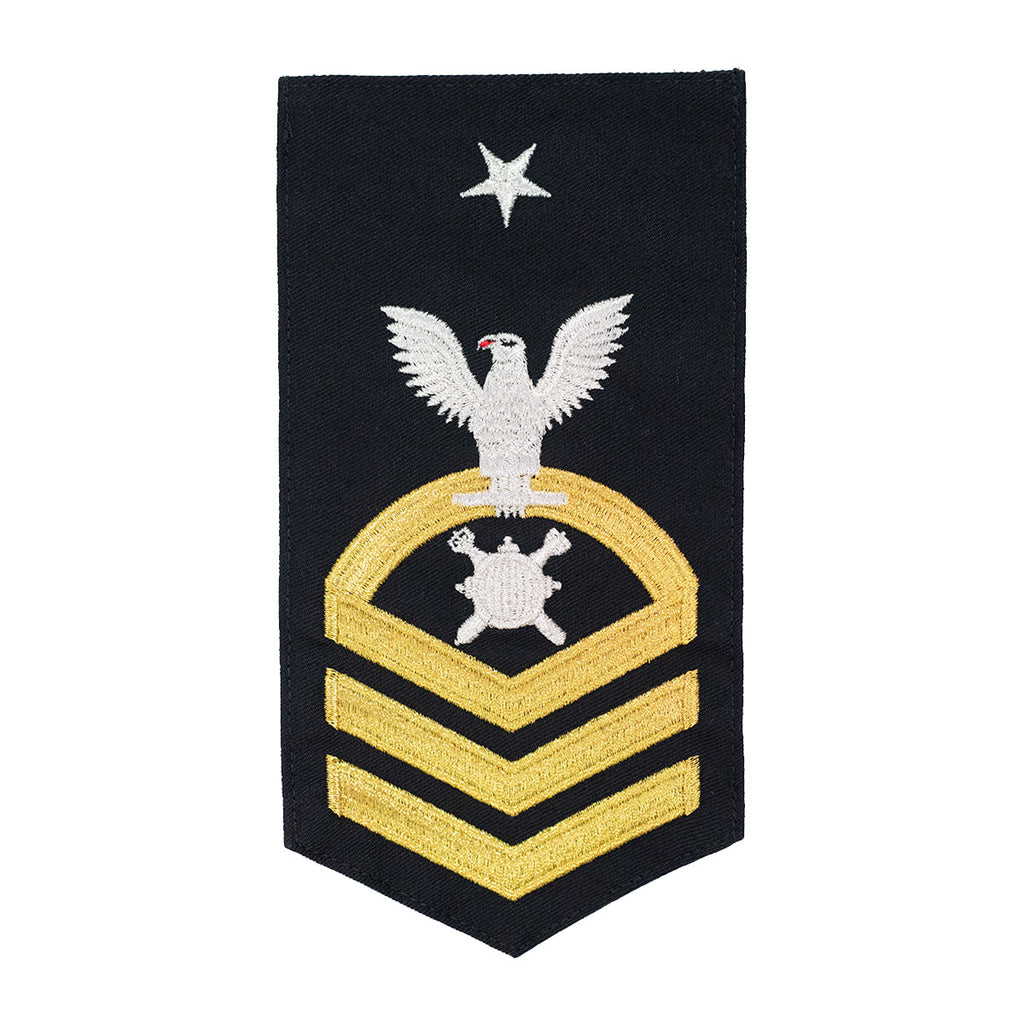 Navy E8 MALE Rating Badge: EOD Explosive Ordnance Disposal Technician - seaworthy gold on blue